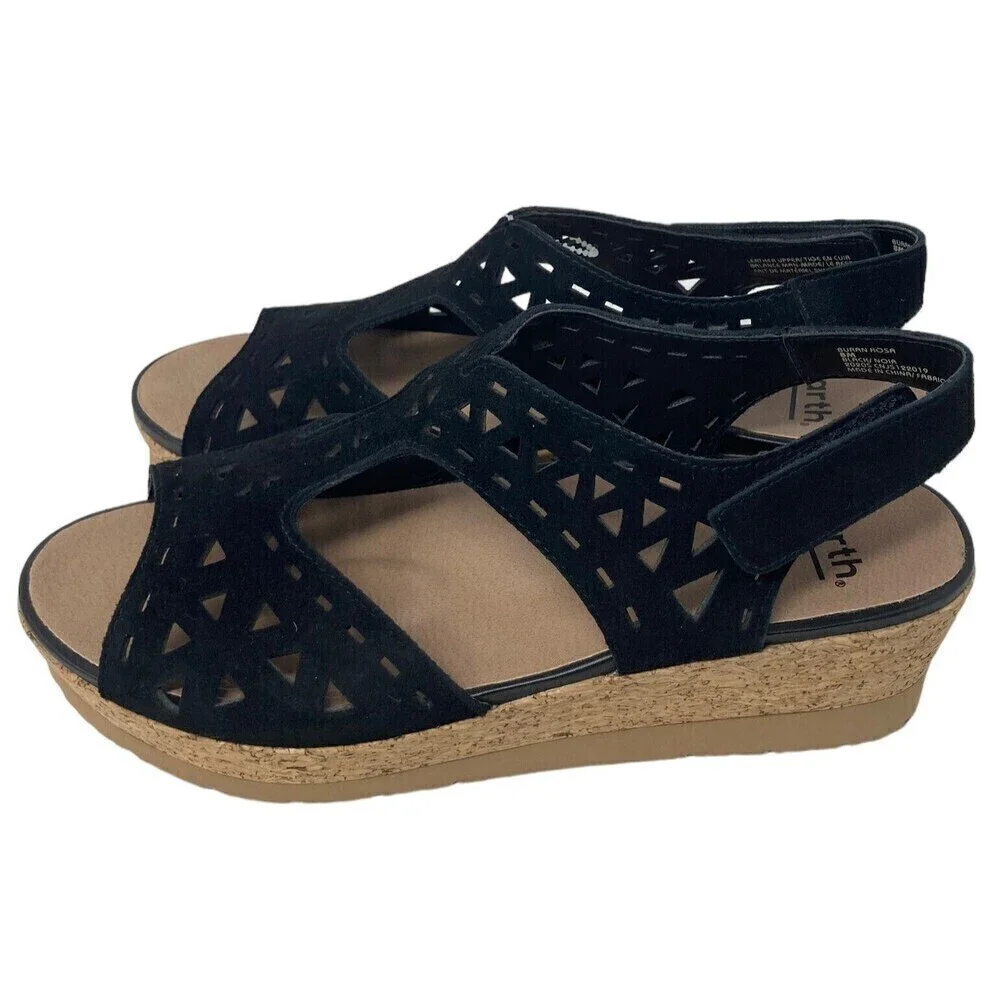 NEW Earth Buran Rosa Women's Size 9.5 Black Suede Leather Wedge Sandals  Shoes